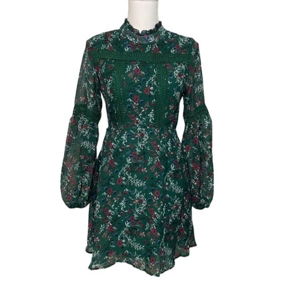NWT Dark Green Floral Crochet Mini Skater Dress Long Balloon Puff Sleeve New